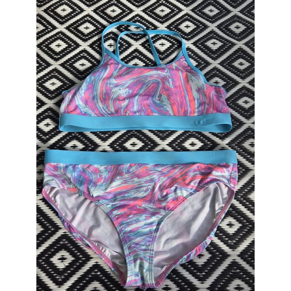 Lands End Girls Size 16 Bikini Swimsuit 2 Piece Set Blue Pink Marble Swimwear
